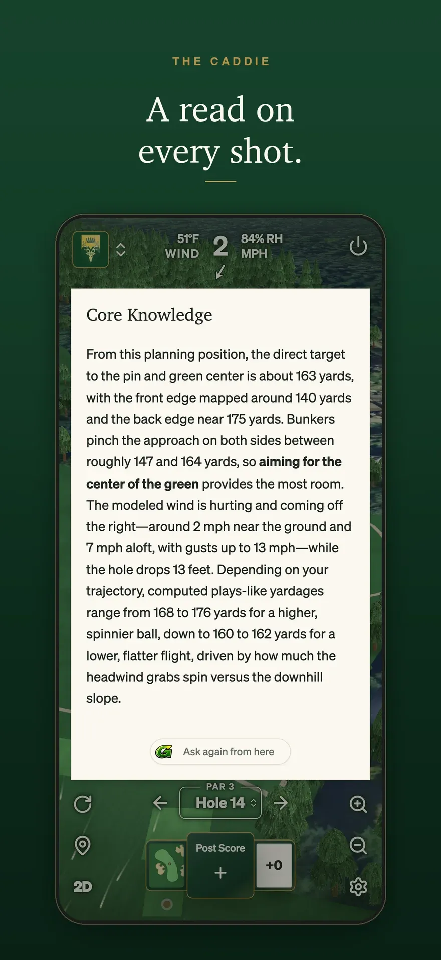 GolfCore's caddie read explaining the target, wind and distance on a par-3 approach