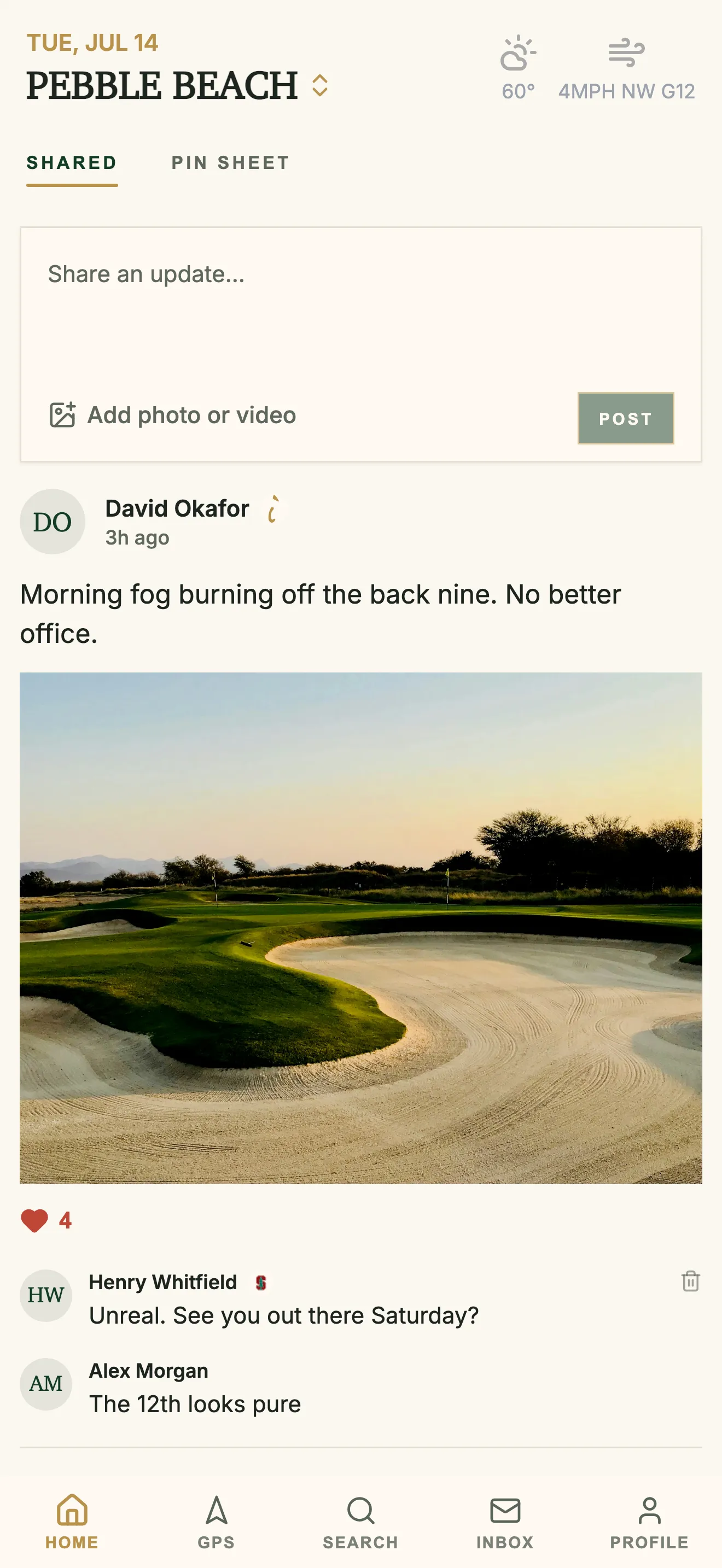 GolfCore feed with shared rounds and club activity