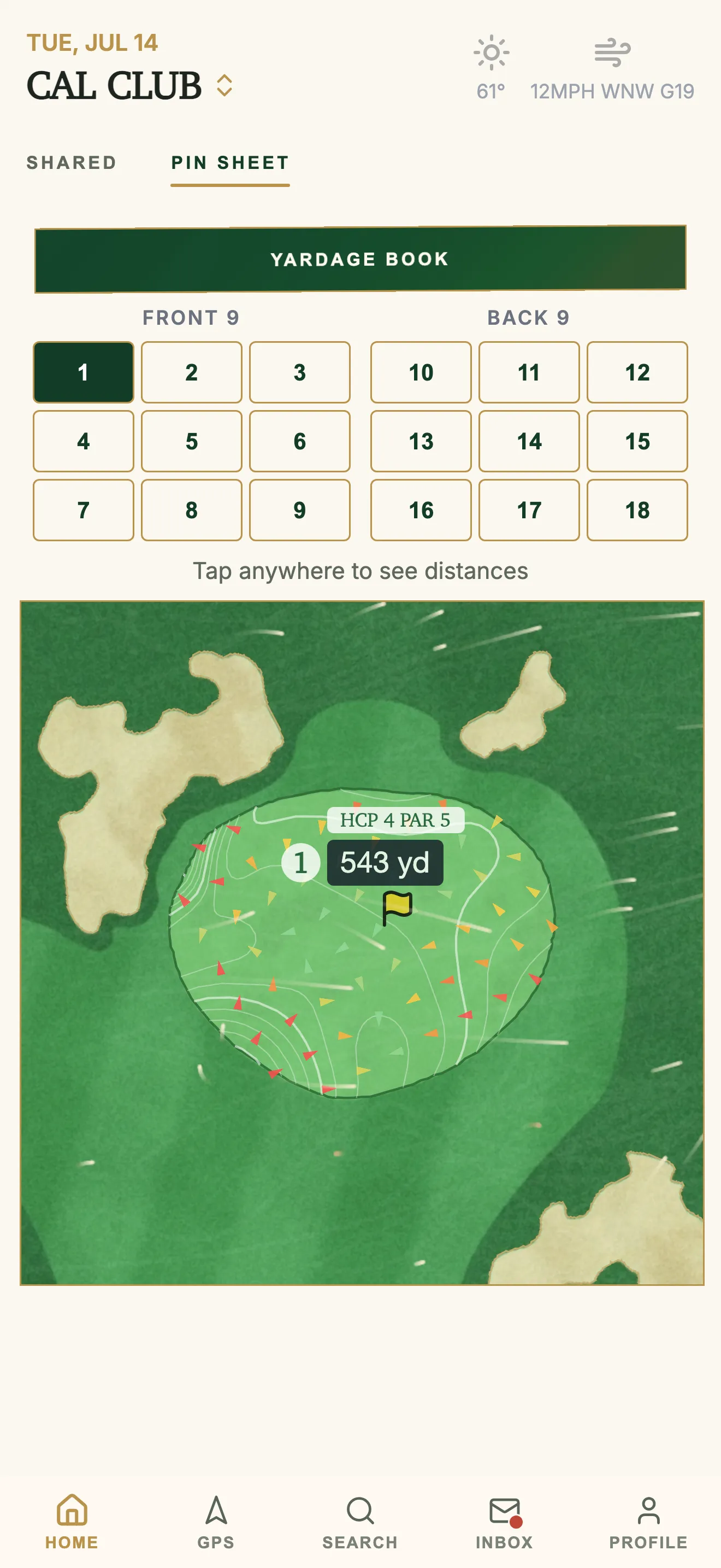 GolfCore caddie home screen with assignments
