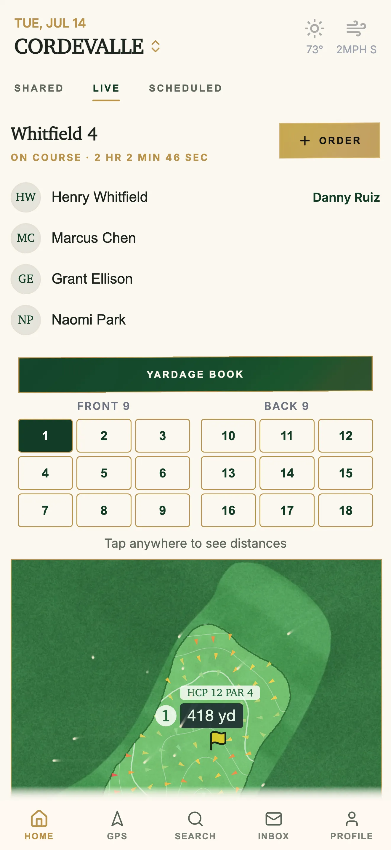 GolfCore club home screen with weather and tee times
