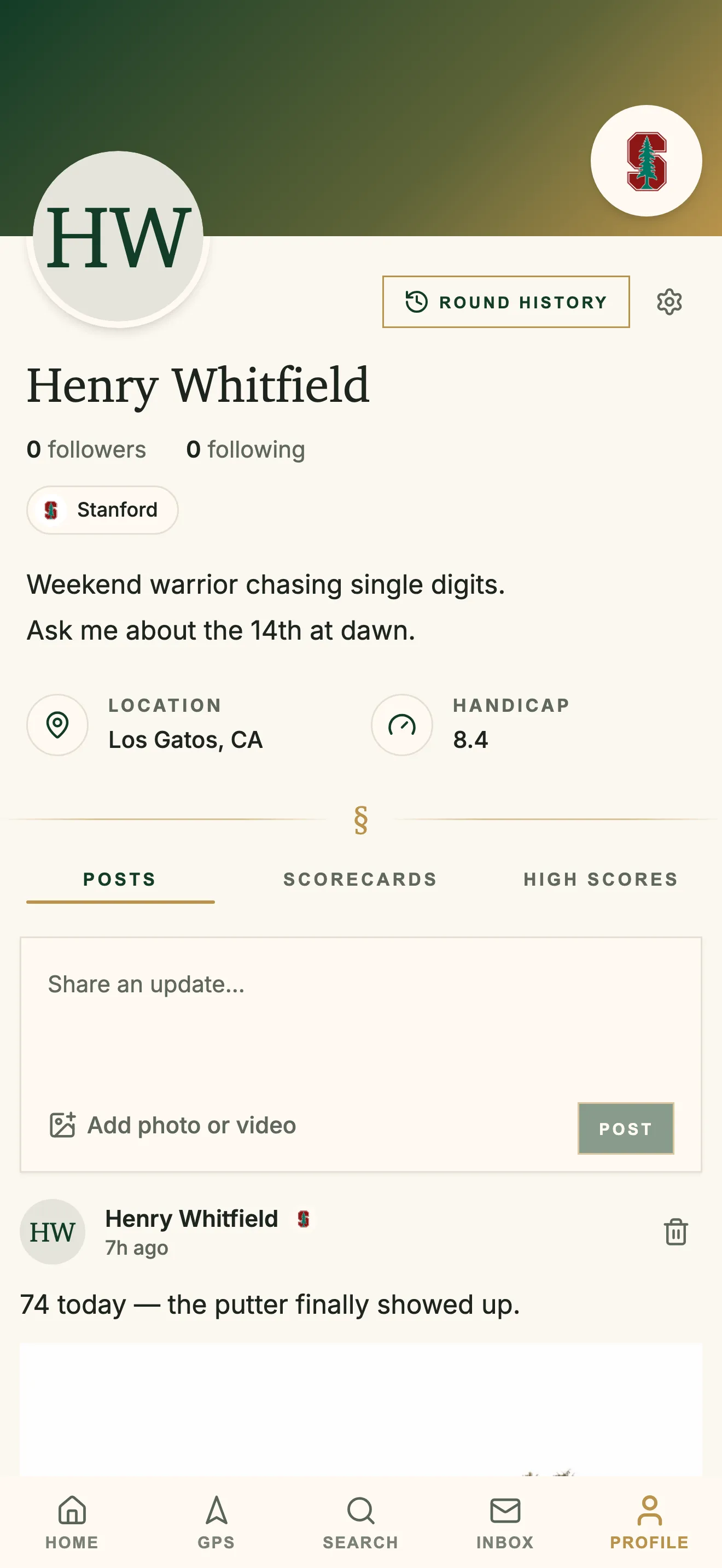 GolfCore player profile with rounds and handicap